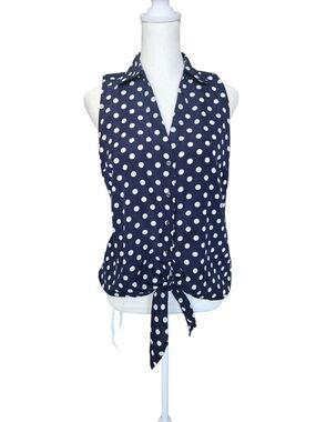 Ann Taylor Navy & White Polka Dot Tie-Front Sleeveless Blouse Retro Summer XS